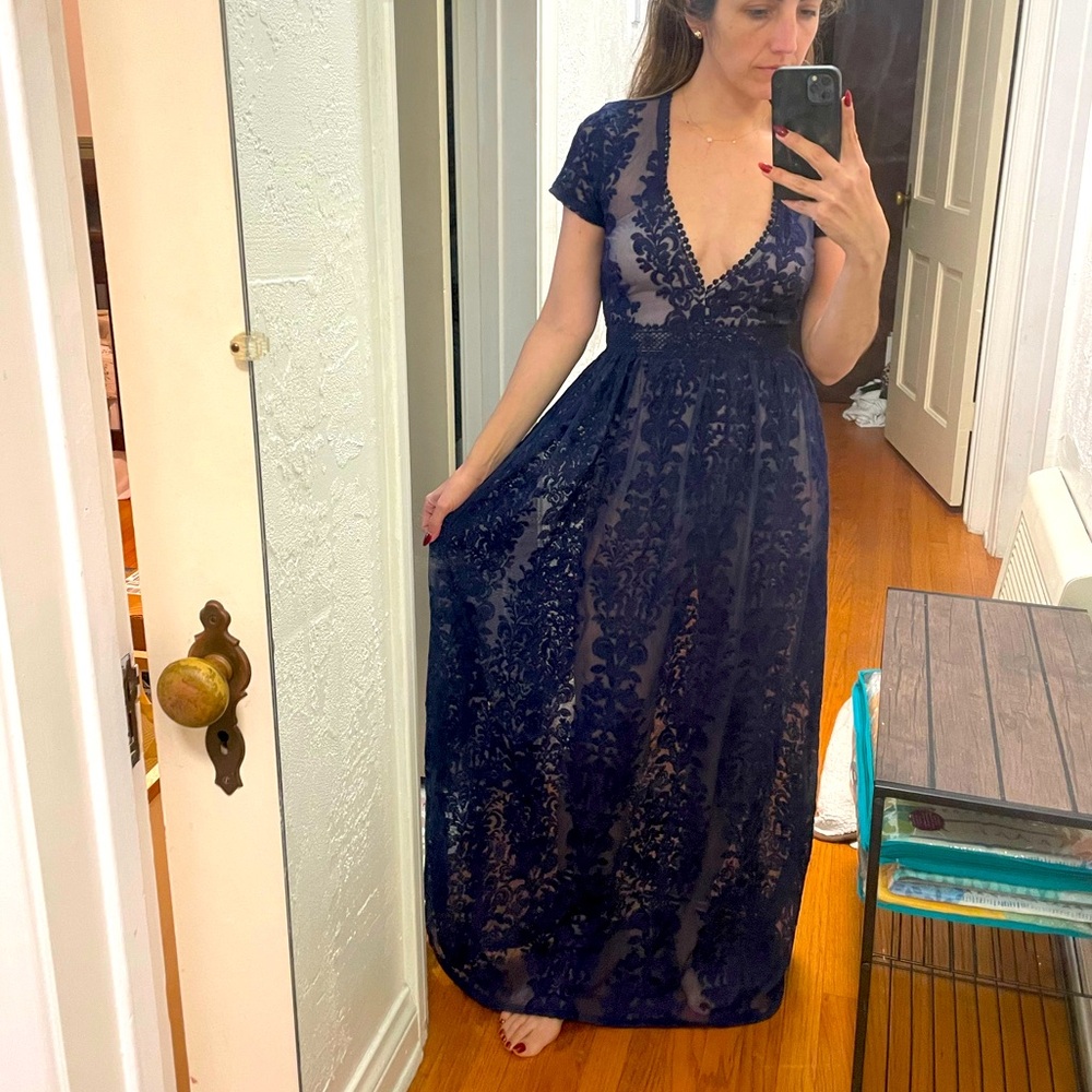 Olivaceous Lace Maxi Dress Navy Blue SM Built in Bodysuit Boho